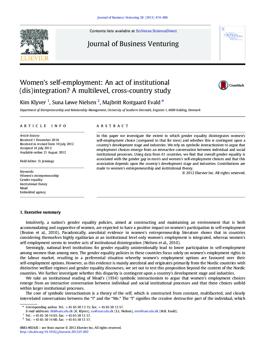 Women's self-employment: An act of institutional (dis)integration? A multilevel, cross-country study