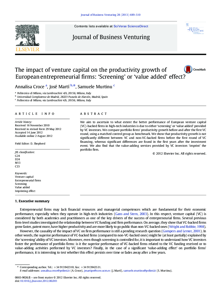 The impact of venture capital on the productivity growth of European entrepreneurial firms: ‘Screening’ or ‘value added’ effect?