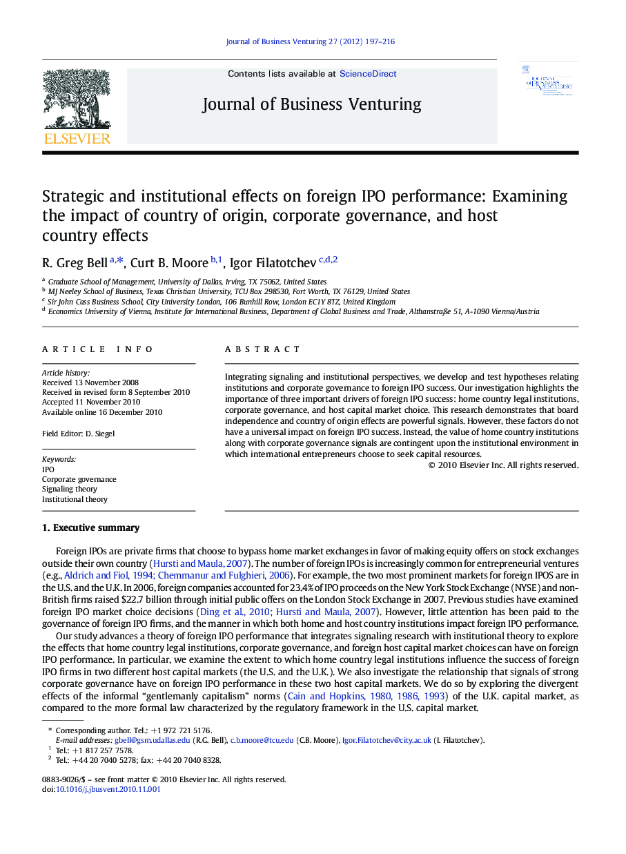 Strategic and institutional effects on foreign IPO performance: Examining the impact of country of origin, corporate governance, and host country effects