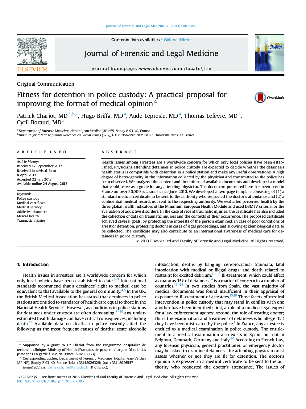 Fitness for detention in police custody: A practical proposal for improving the format of medical opinion 