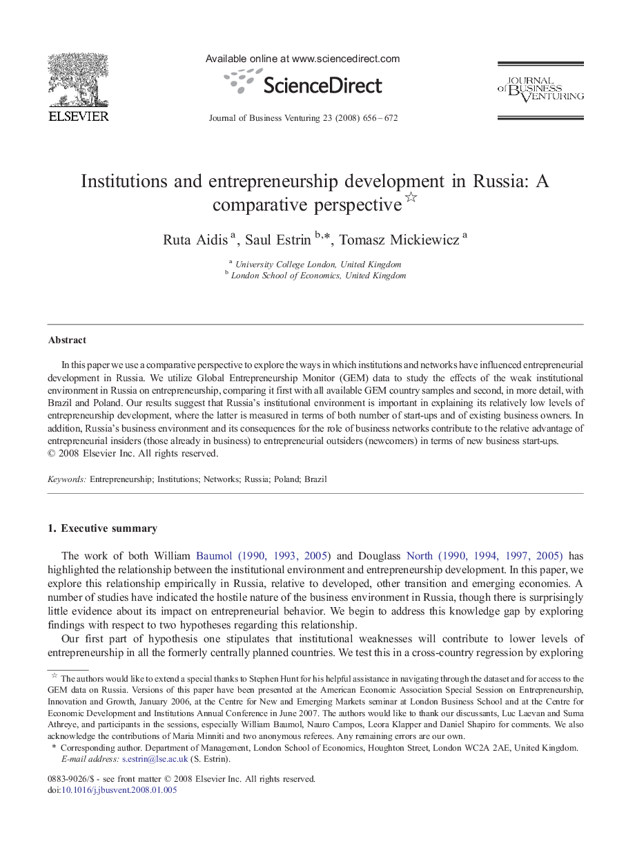 Institutions and entrepreneurship development in Russia: A comparative perspective 