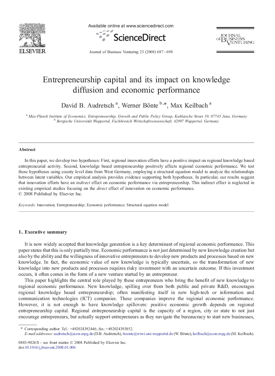 Entrepreneurship capital and its impact on knowledge diffusion and economic performance