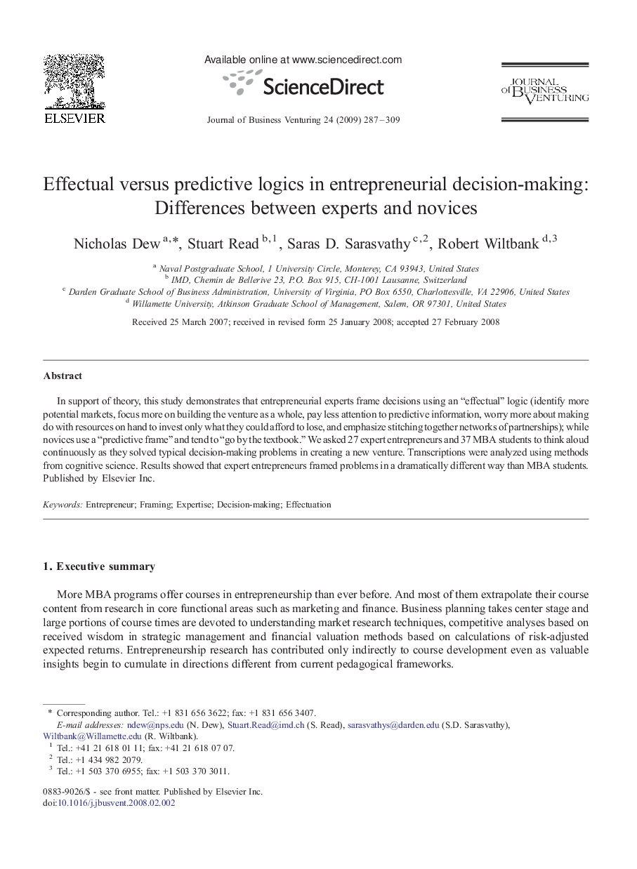 Effectual versus predictive logics in entrepreneurial decision-making: Differences between experts and novices