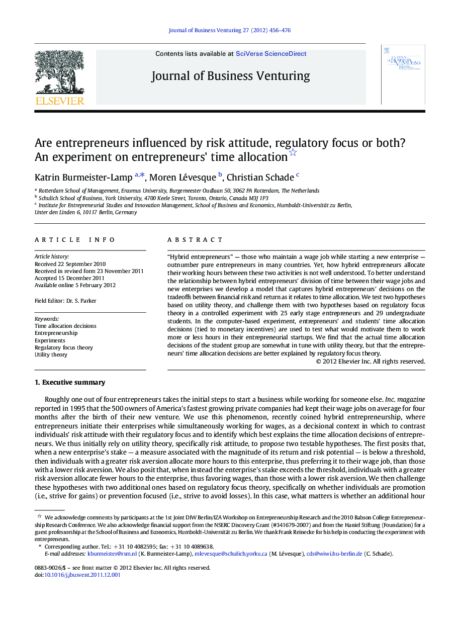 Are entrepreneurs influenced by risk attitude, regulatory focus or both? An experiment on entrepreneurs' time allocation 