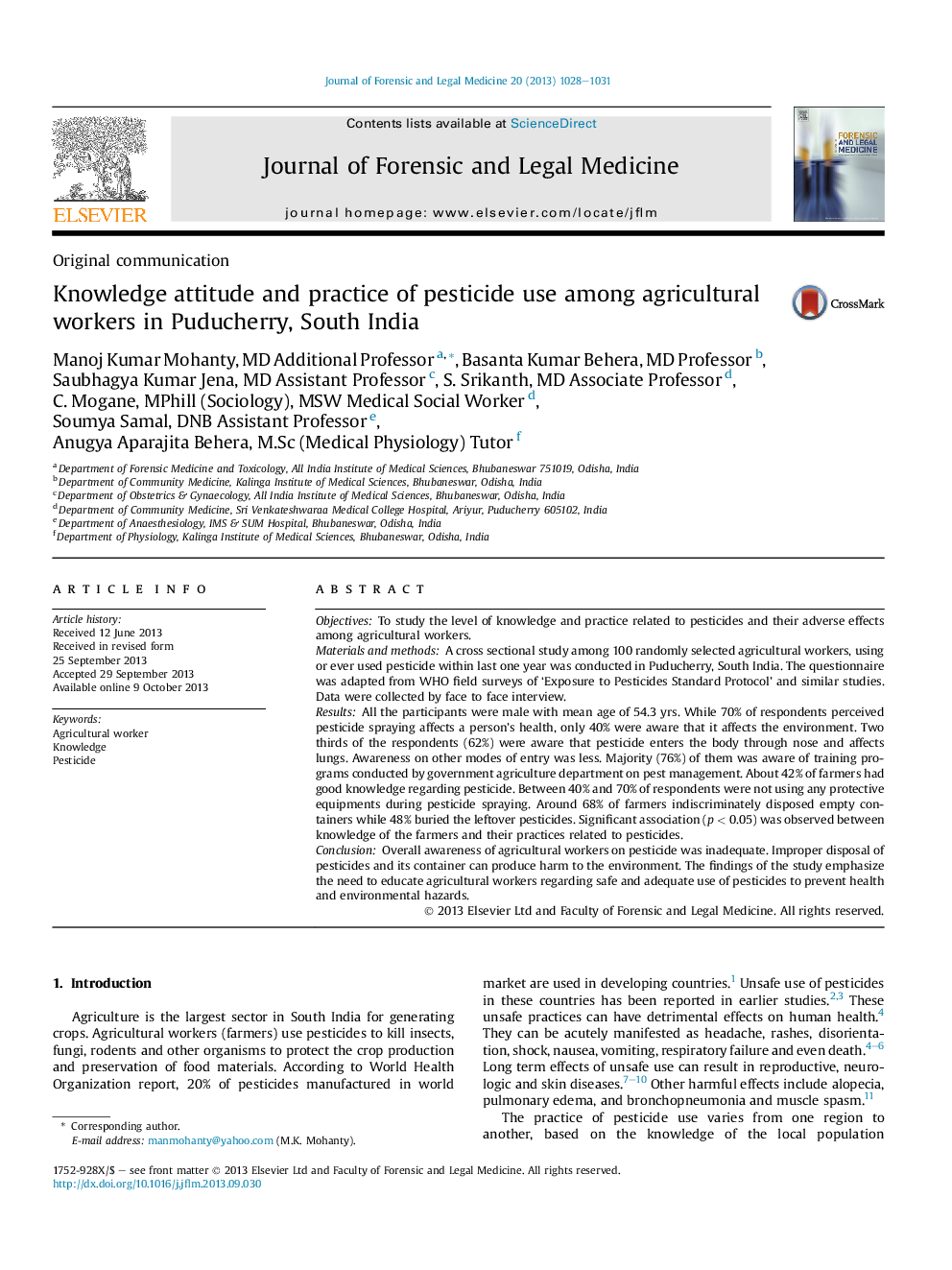 Knowledge attitude and practice of pesticide use among agricultural workers in Puducherry, South India