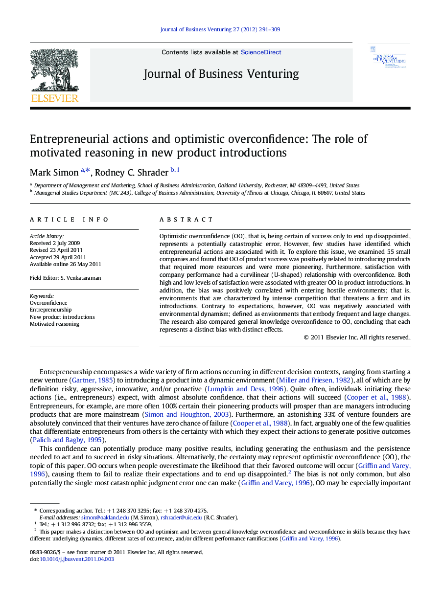 Entrepreneurial actions and optimistic overconfidence: The role of motivated reasoning in new product introductions