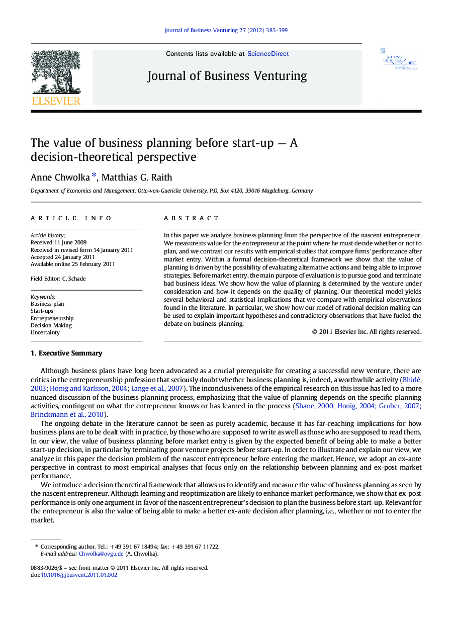 The value of business planning before start-up — A decision-theoretical perspective