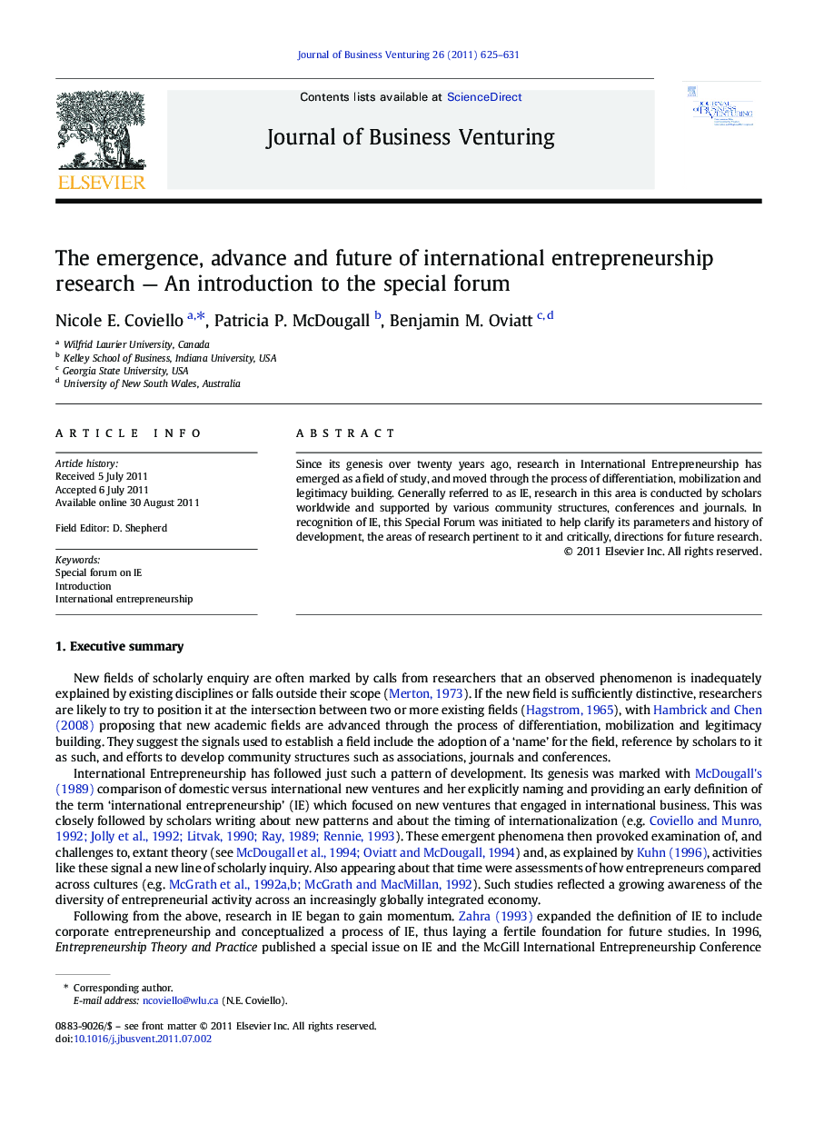 The emergence, advance and future of international entrepreneurship research — An introduction to the special forum