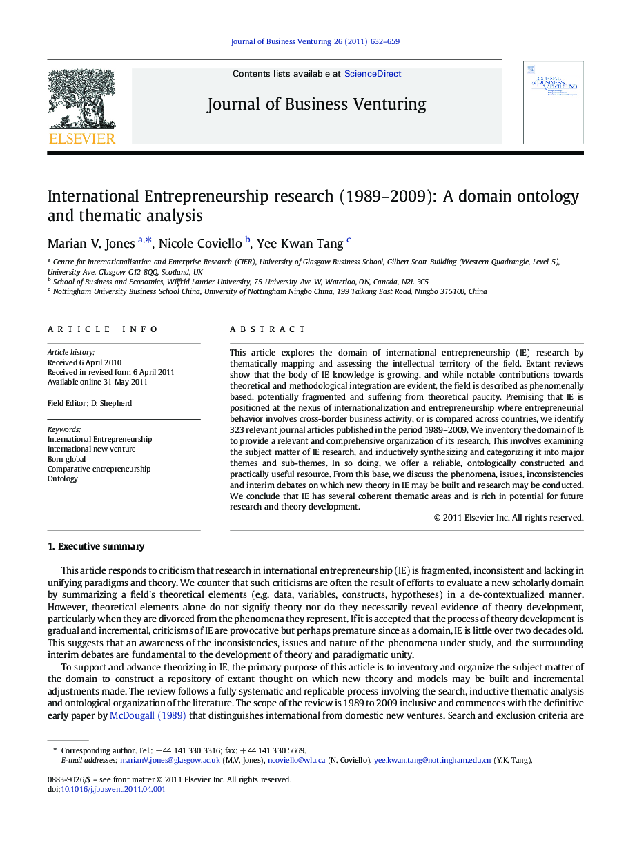 International Entrepreneurship research (1989–2009): A domain ontology and thematic analysis