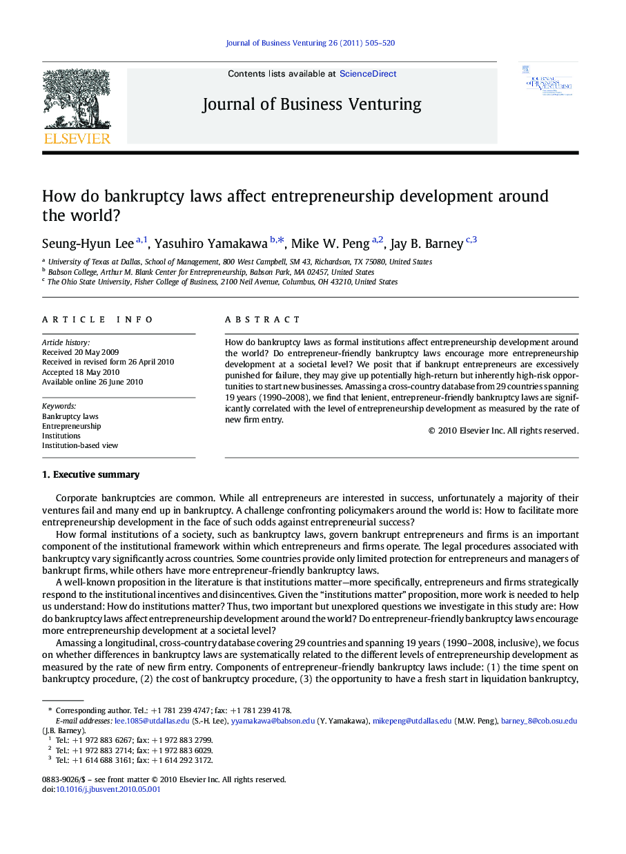 How do bankruptcy laws affect entrepreneurship development around the world?