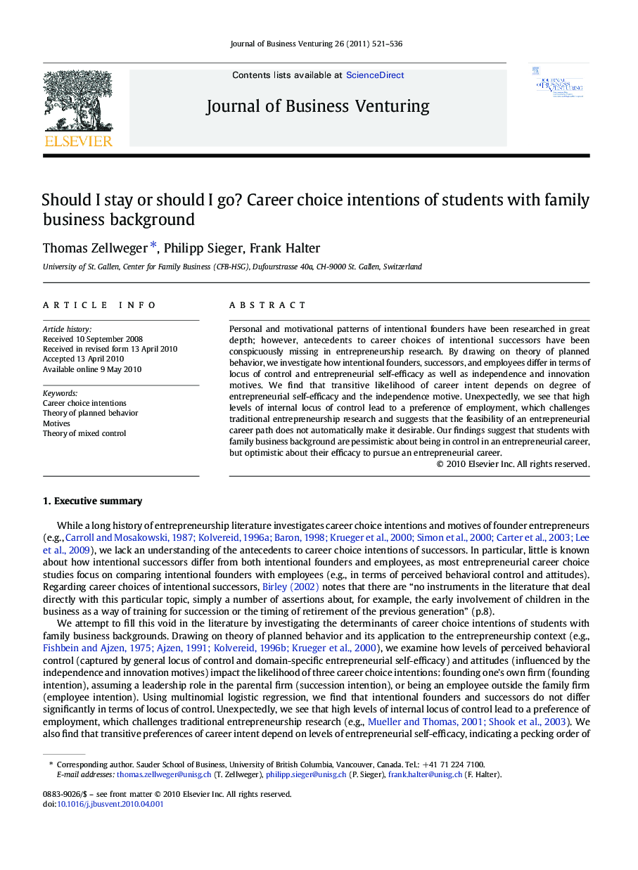 Should I stay or should I go? Career choice intentions of students with family business background