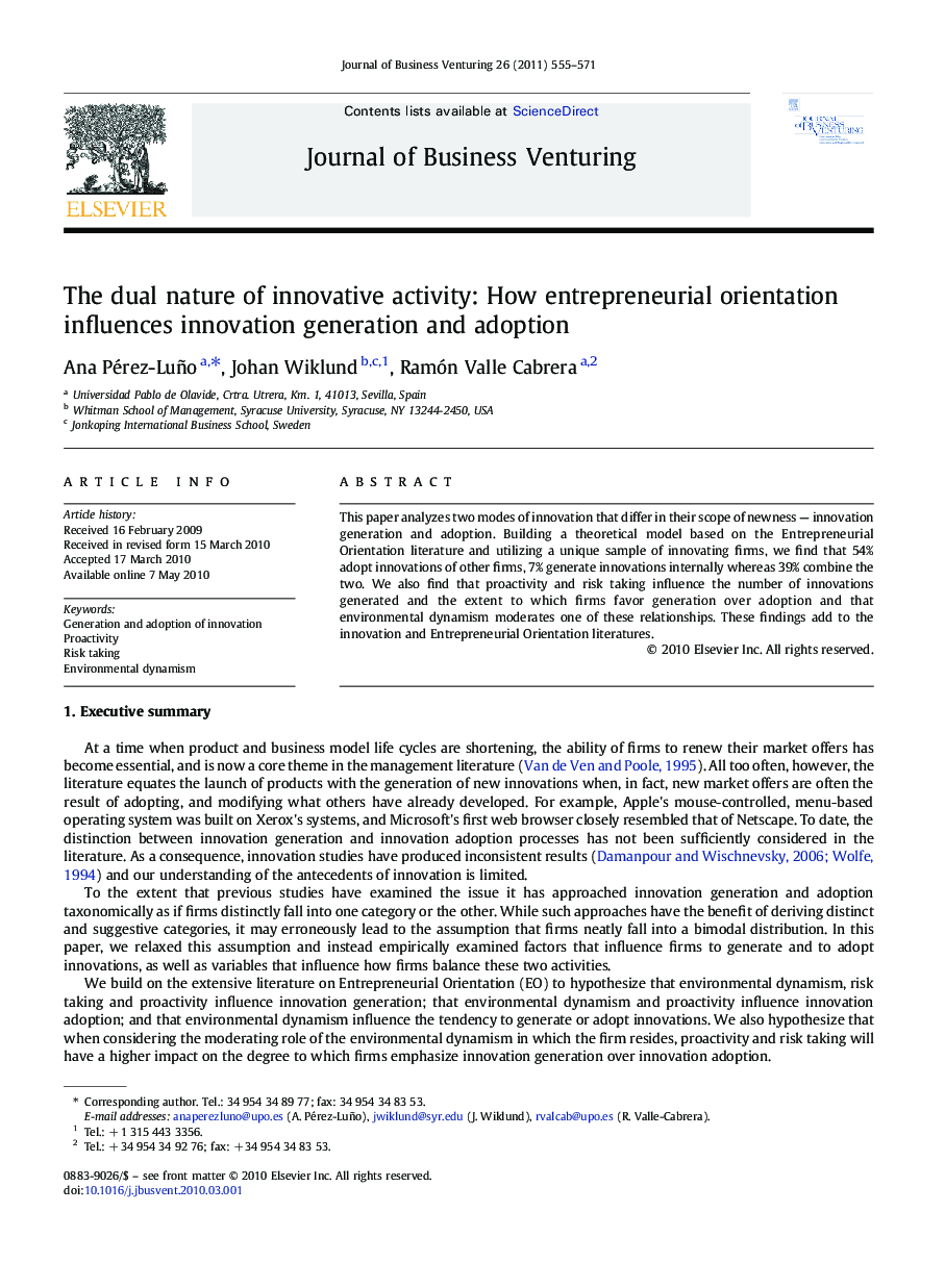 The dual nature of innovative activity: How entrepreneurial orientation influences innovation generation and adoption