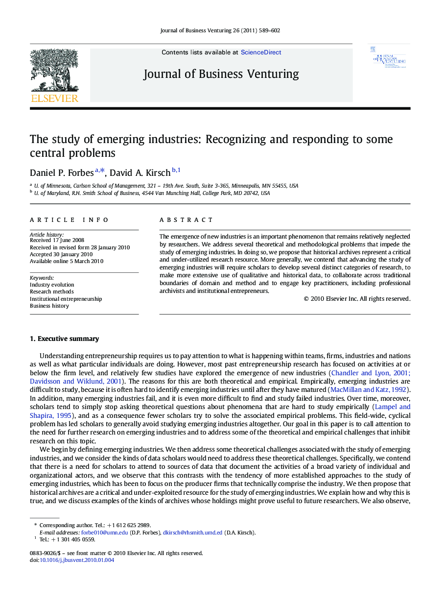 The study of emerging industries: Recognizing and responding to some central problems