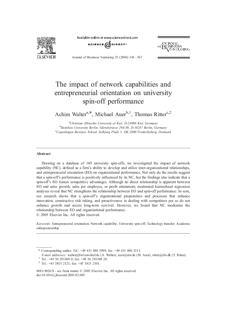 The impact of network capabilities and entrepreneurial orientation on university spin-off performance