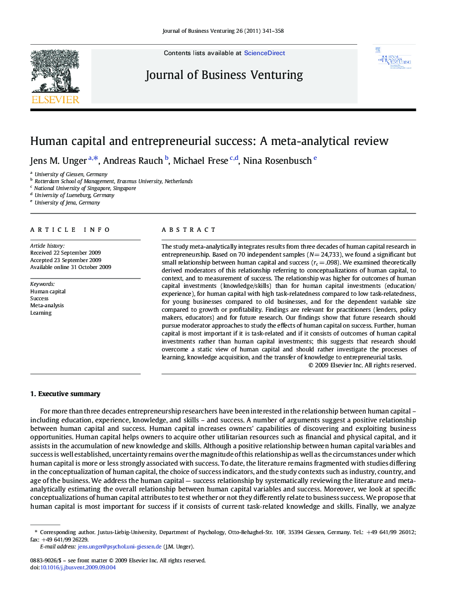 Human capital and entrepreneurial success: A meta-analytical review
