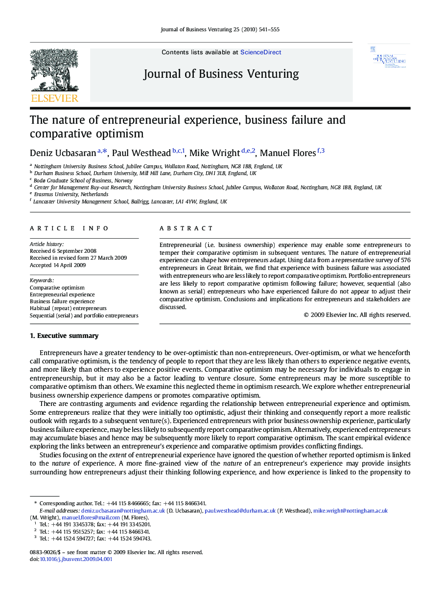 The nature of entrepreneurial experience, business failure and comparative optimism