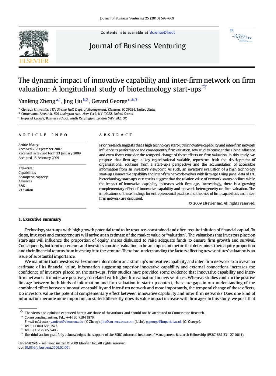 The dynamic impact of innovative capability and inter-firm network on firm valuation: A longitudinal study of biotechnology start-ups 