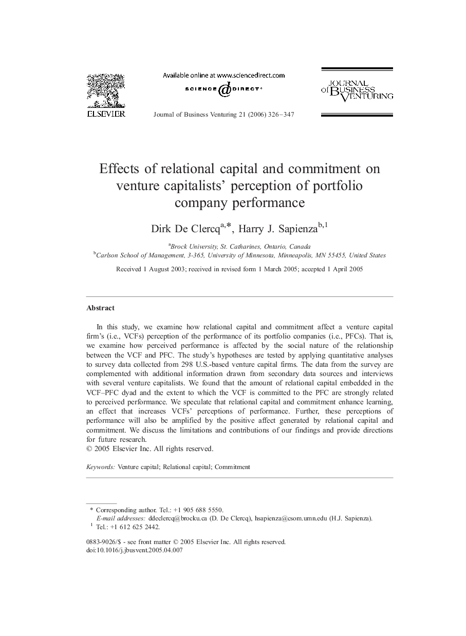 Effects of relational capital and commitment on venture capitalists' perception of portfolio company performance