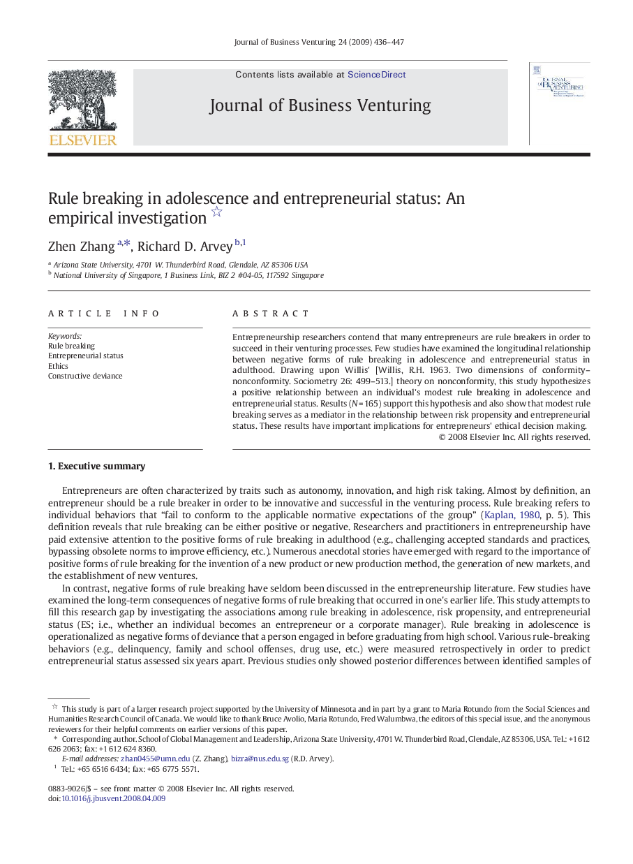 Rule breaking in adolescence and entrepreneurial status: An empirical investigation 