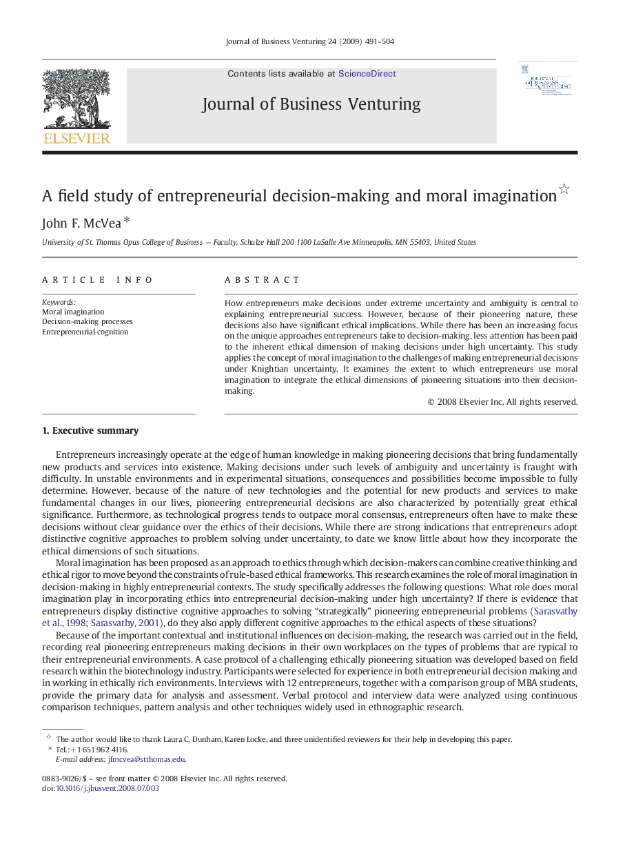 A field study of entrepreneurial decision-making and moral imagination 