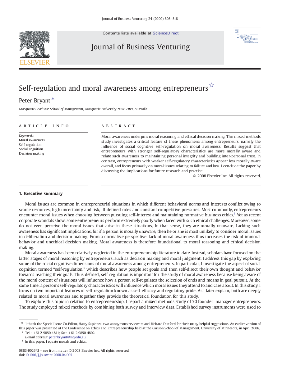 Self-regulation and moral awareness among entrepreneurs 