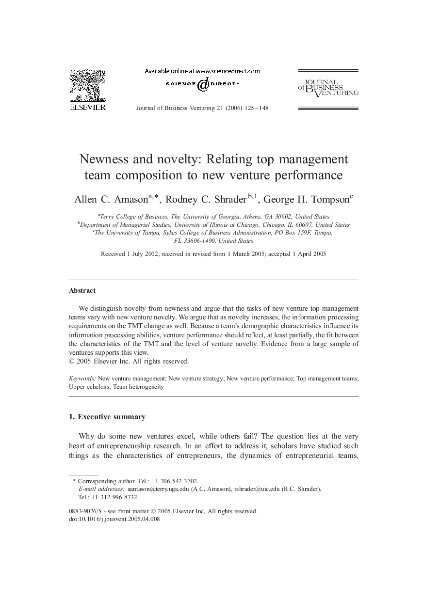 Newness and novelty: Relating top management team composition to new venture performance