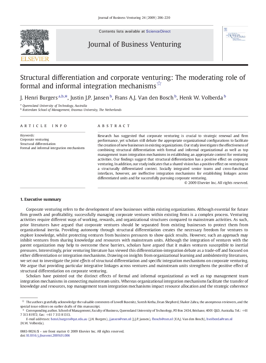 Structural differentiation and corporate venturing: The moderating role of formal and informal integration mechanisms 