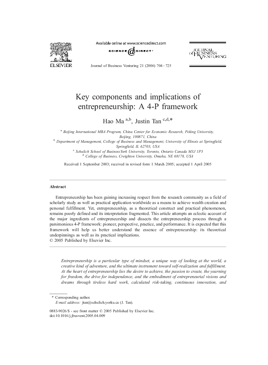 Key components and implications of entrepreneurship: A 4-P framework