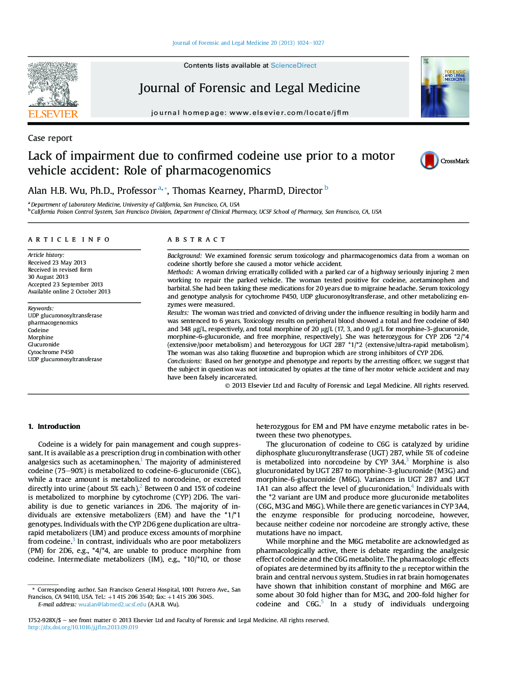 Lack of impairment due to confirmed codeine use prior to a motor vehicle accident: Role of pharmacogenomics