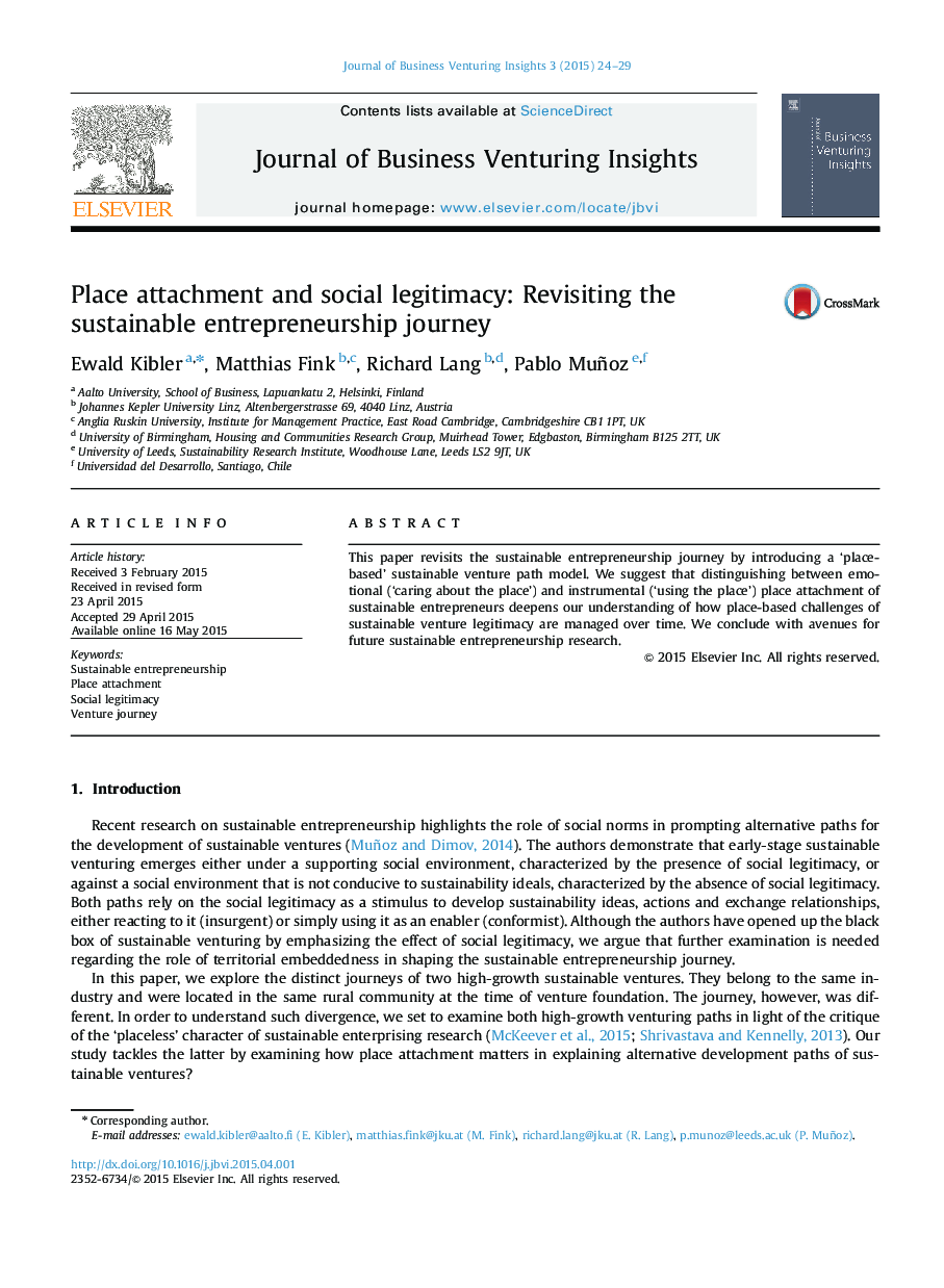 Place attachment and social legitimacy: Revisiting the sustainable entrepreneurship journey