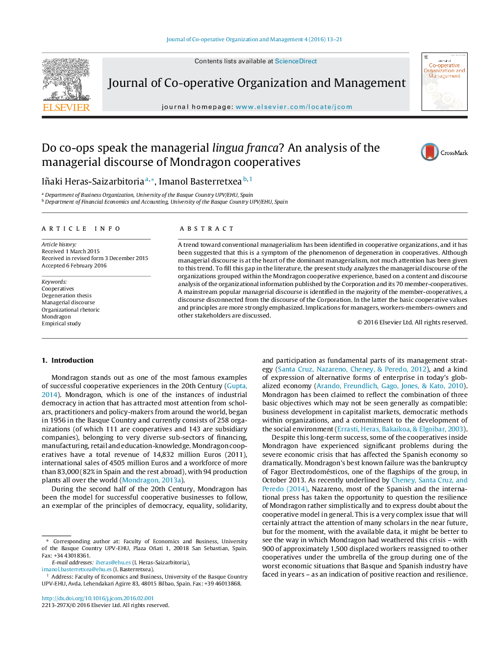 Do co-ops speak the managerial lingua franca? An analysis of the managerial discourse of Mondragon cooperatives