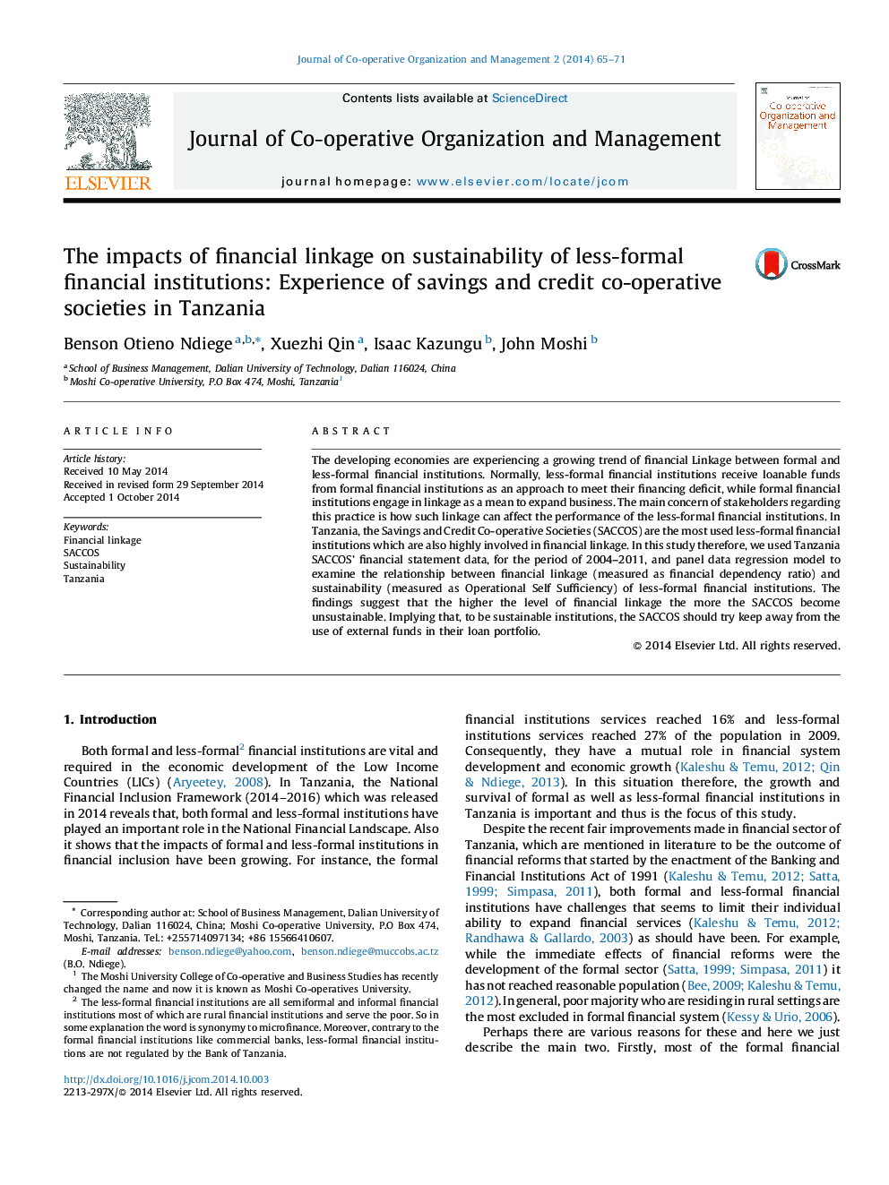 The impacts of financial linkage on sustainability of less-formal financial institutions: Experience of savings and credit co-operative societies in Tanzania