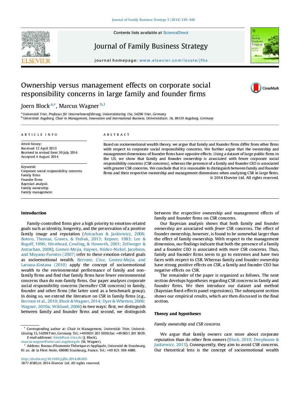 Ownership versus management effects on corporate social responsibility concerns in large family and founder firms