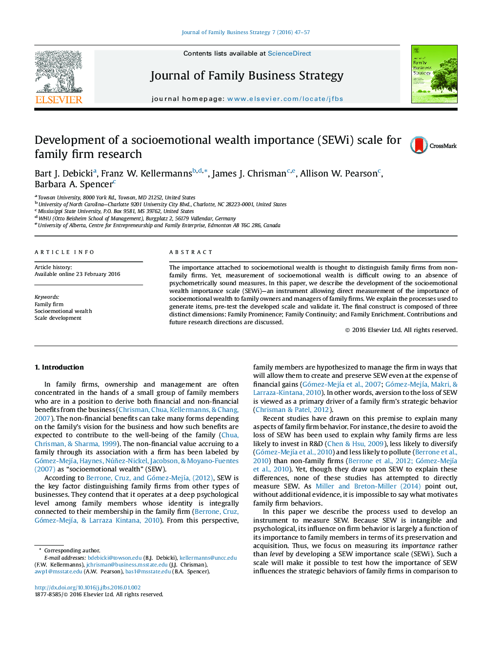 Development of a socioemotional wealth importance (SEWi) scale for family firm research
