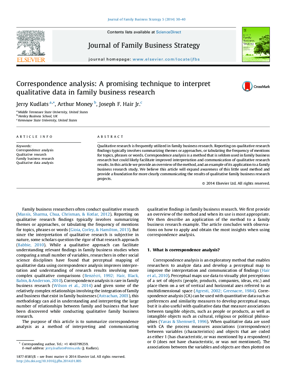 Correspondence analysis: A promising technique to interpret qualitative data in family business research