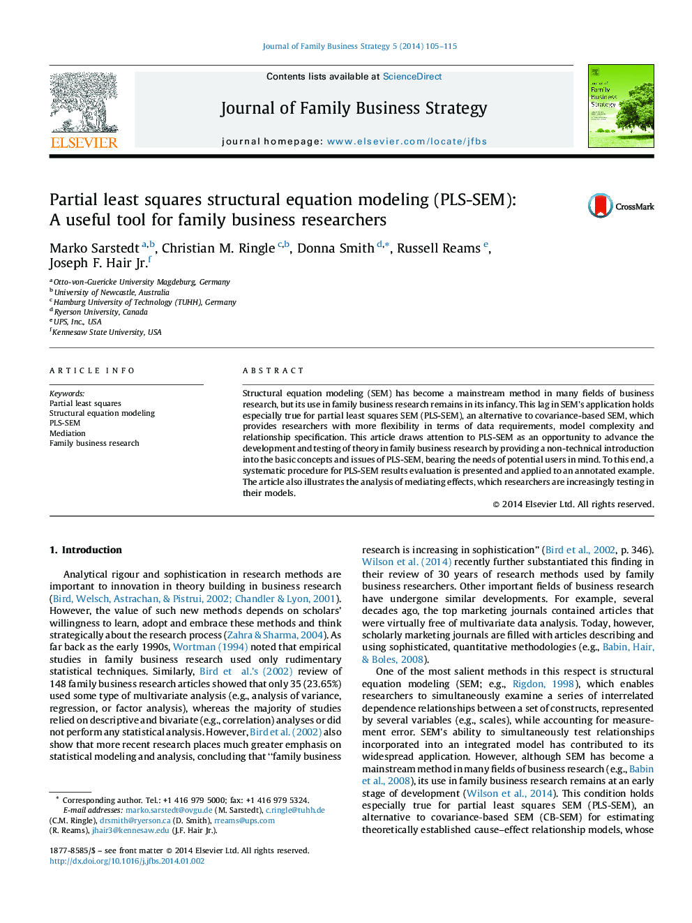 Partial least squares structural equation modeling (PLS-SEM): A useful tool for family business researchers