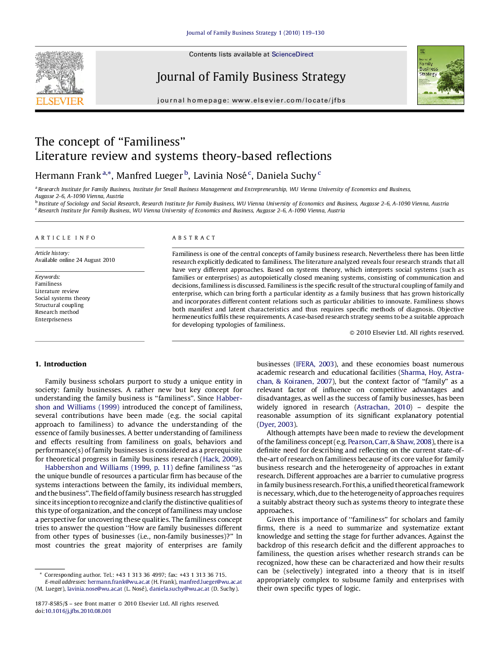 The concept of “Familiness”: Literature review and systems theory-based reflections