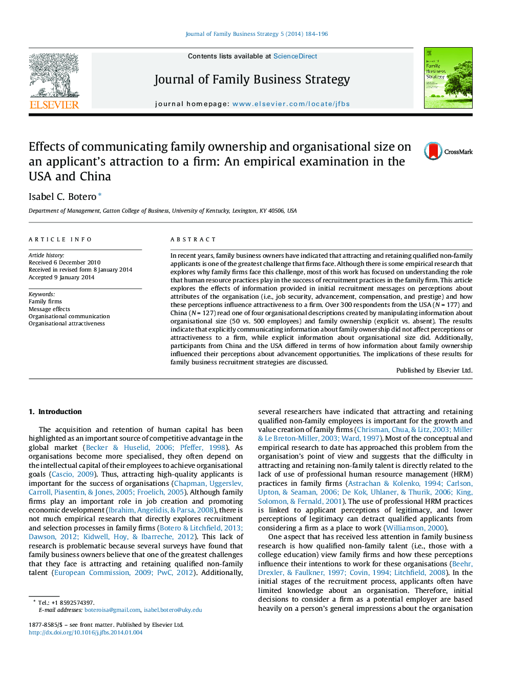 Effects of communicating family ownership and organisational size on an applicant's attraction to a firm: An empirical examination in the USA and China