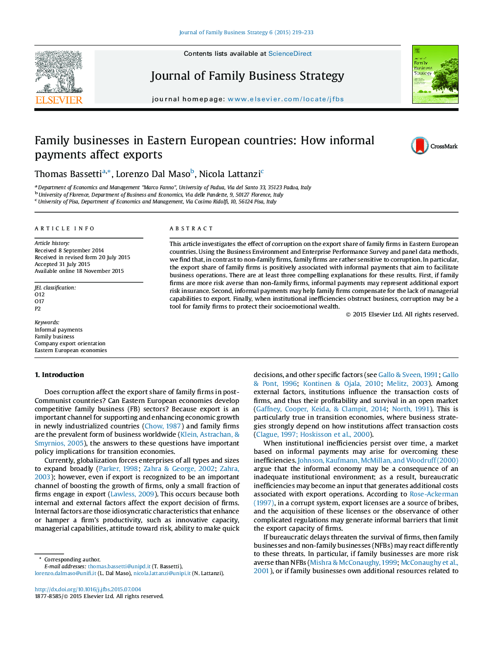 Family businesses in Eastern European countries: How informal payments affect exports