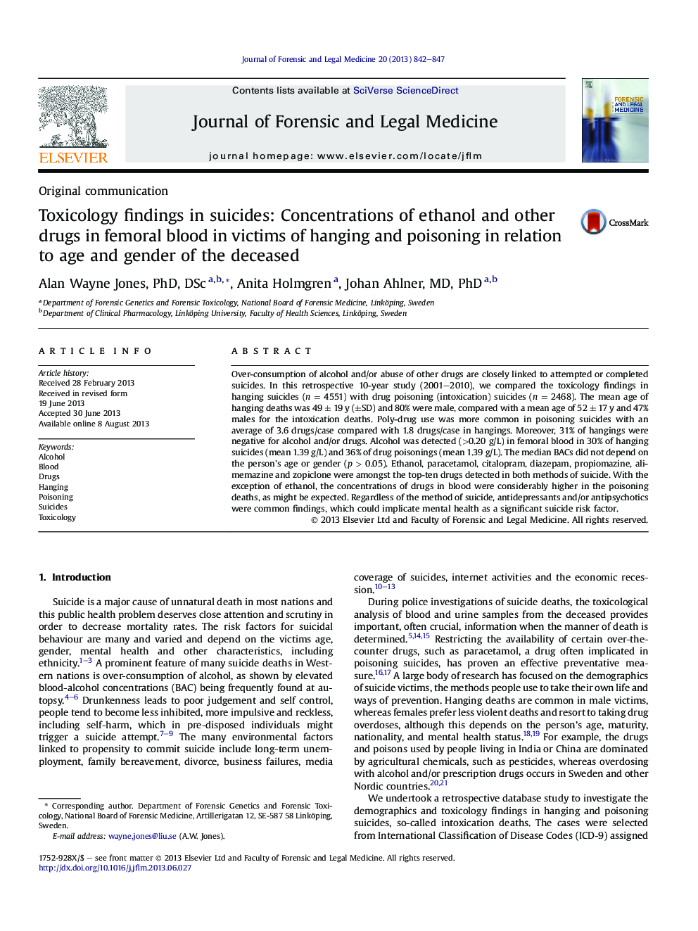 Toxicology findings in suicides: Concentrations of ethanol and other drugs in femoral blood in victims of hanging and poisoning in relation to age and gender of the deceased