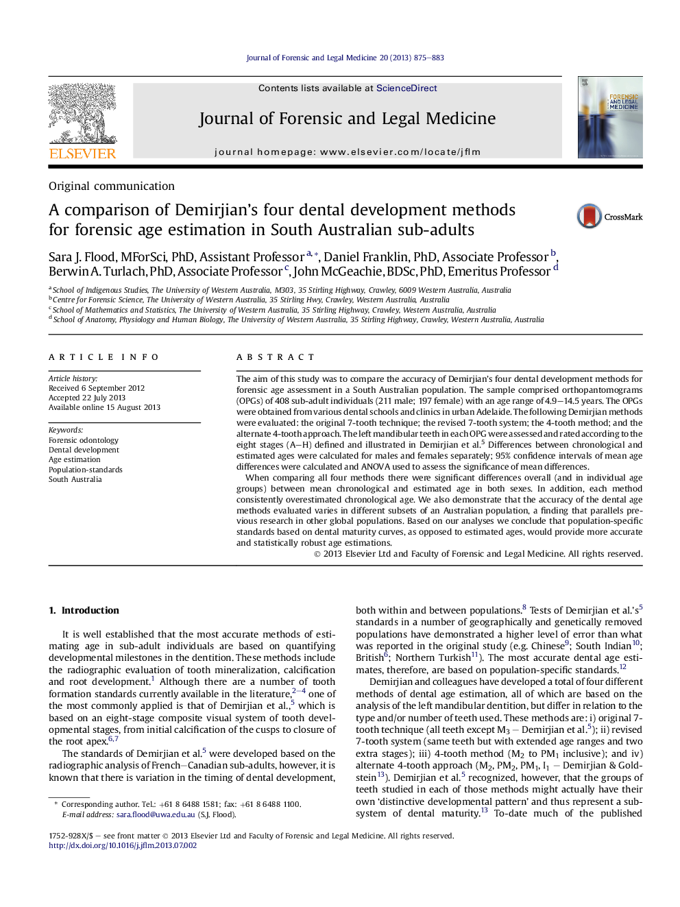 A comparison of Demirjian's four dental development methods for forensic age estimation in South Australian sub-adults