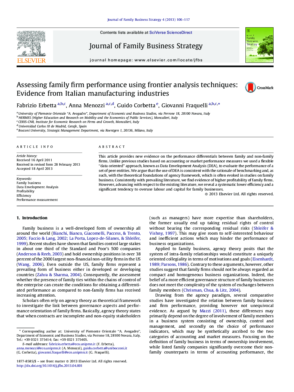 Assessing family firm performance using frontier analysis techniques: Evidence from Italian manufacturing industries