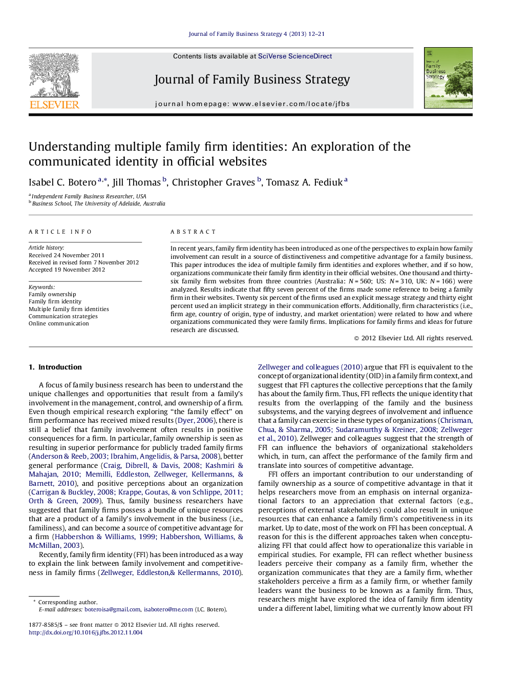 Understanding multiple family firm identities: An exploration of the communicated identity in official websites