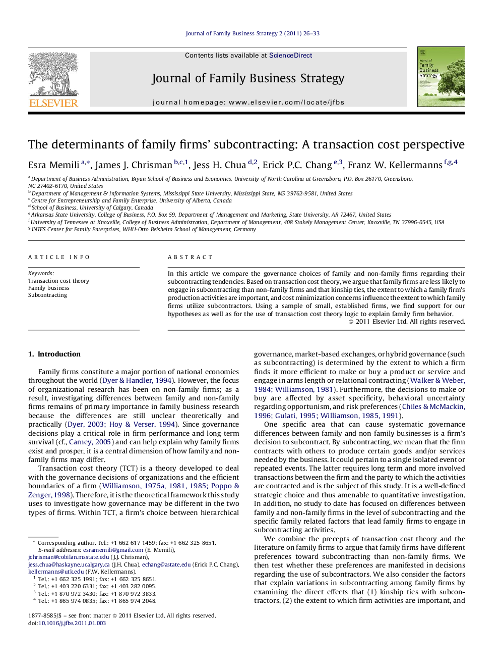 The determinants of family firms’ subcontracting: A transaction cost perspective