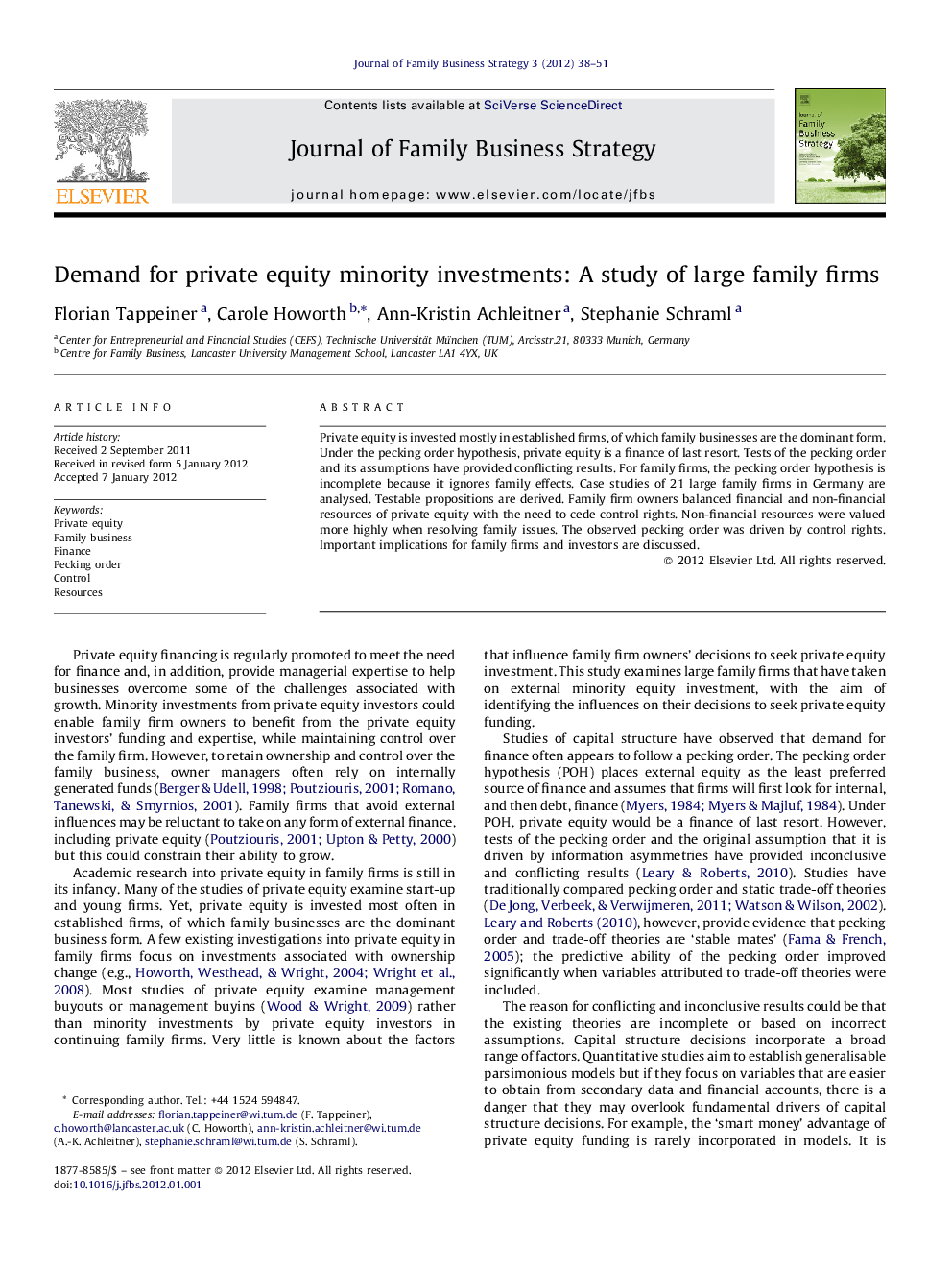 Demand for private equity minority investments: A study of large family firms