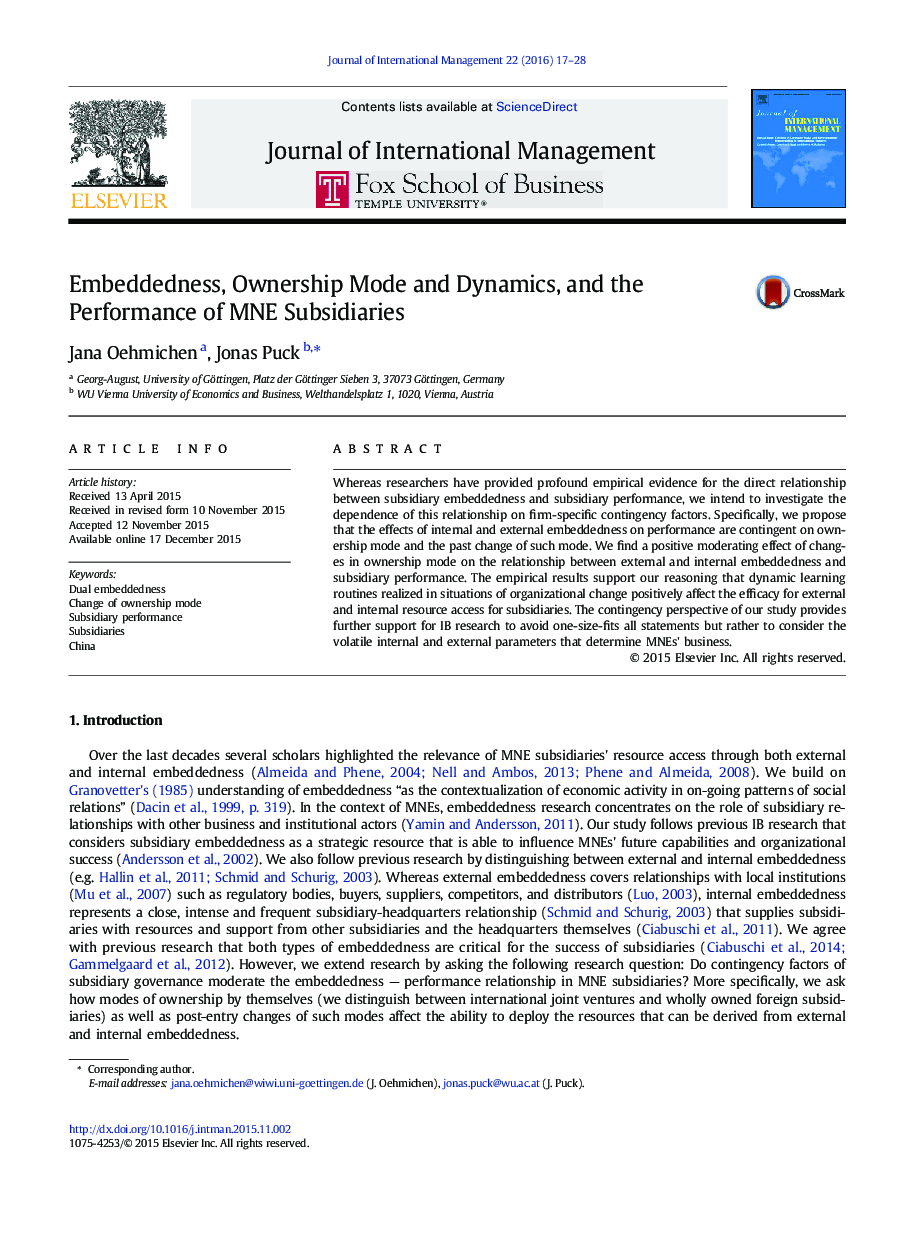 Embeddedness, Ownership Mode and Dynamics, and the Performance of MNE Subsidiaries