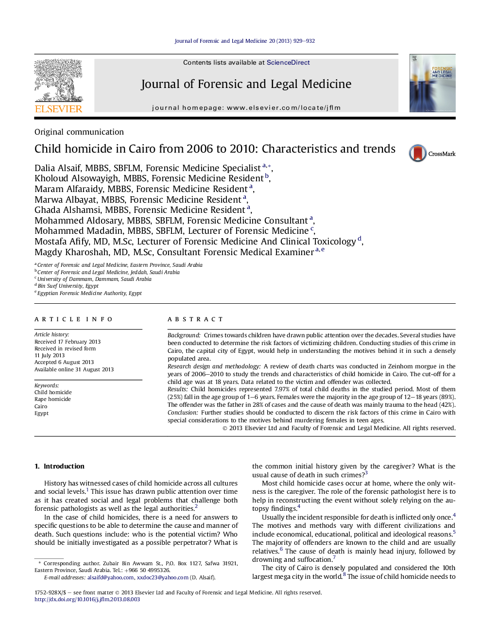 Child homicide in Cairo from 2006 to 2010: Characteristics and trends