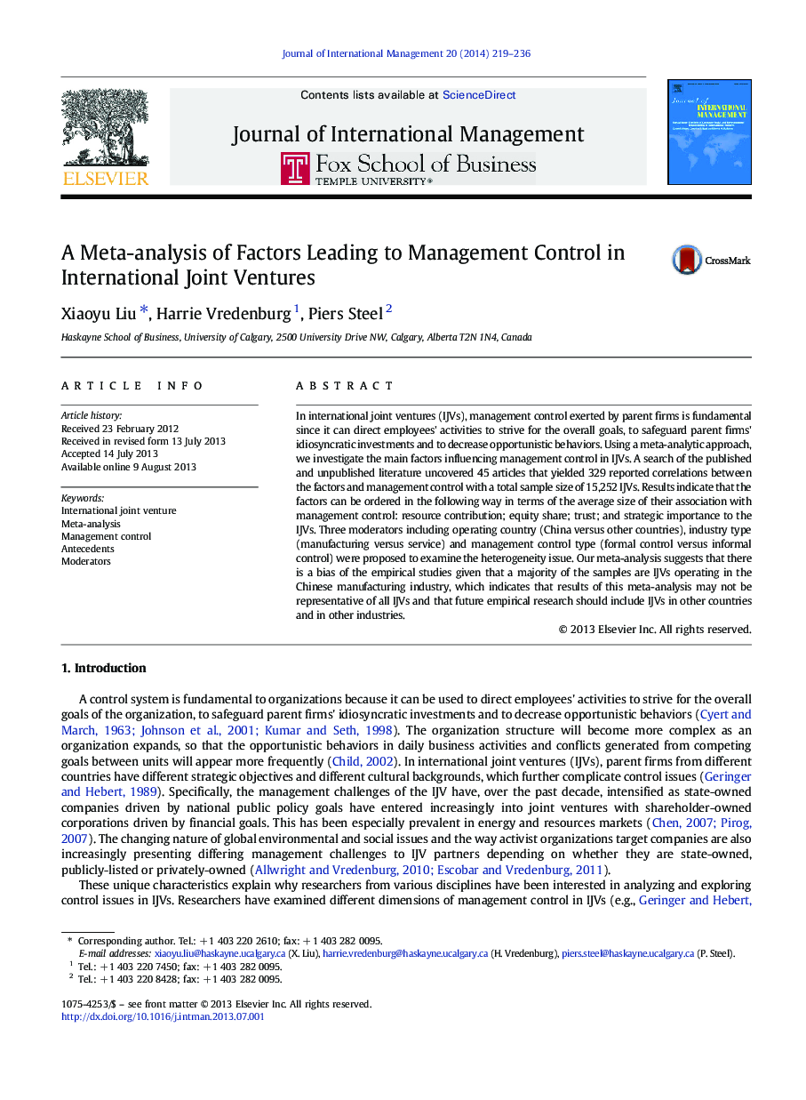 A Meta-analysis of Factors Leading to Management Control in International Joint Ventures