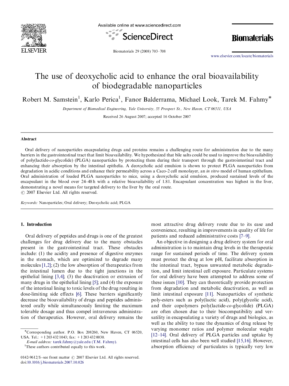 The use of deoxycholic acid to enhance the oral bioavailability of biodegradable nanoparticles