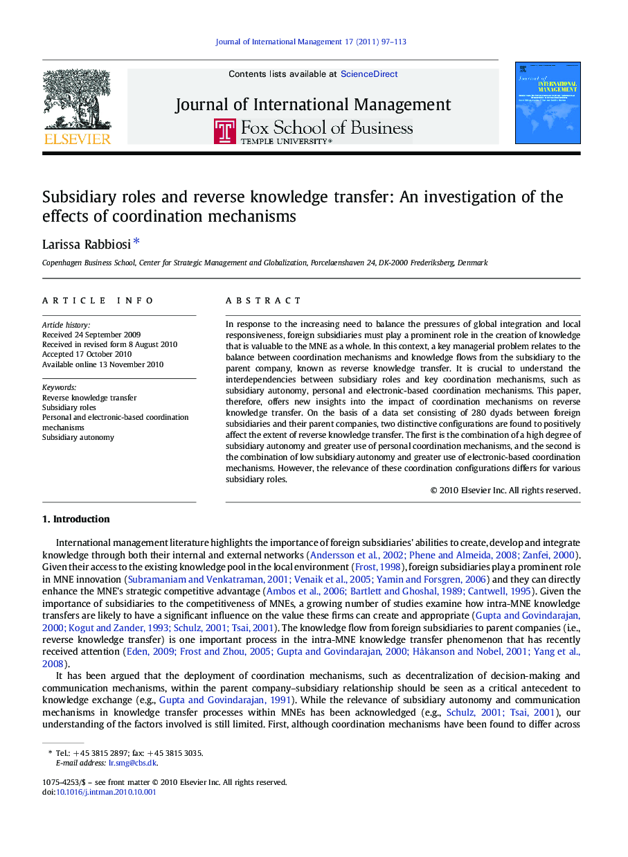 Subsidiary roles and reverse knowledge transfer: An investigation of the effects of coordination mechanisms